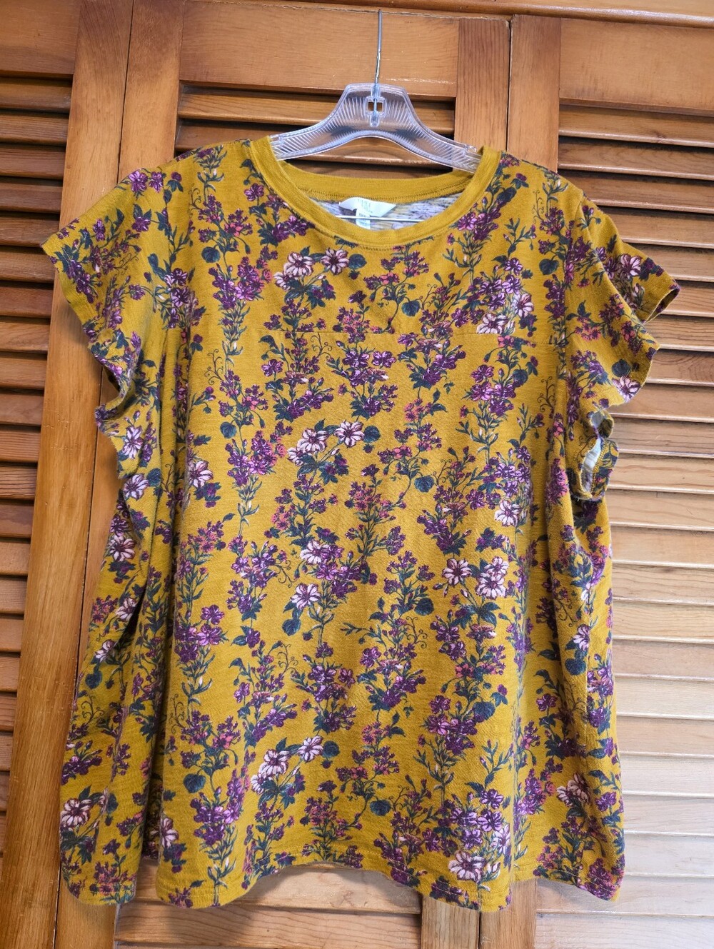 Time and Tru Women's XXXL Flutter Sleeve Floral Top Mustard Yellow Cotton Tee